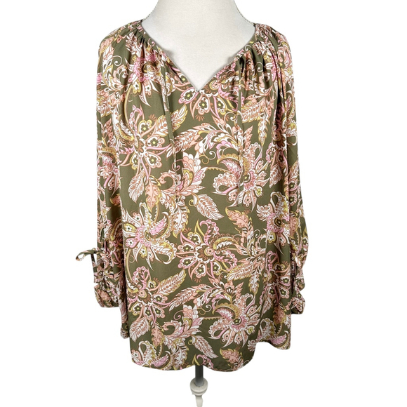Belle Kim Gravel Boho Free Spirit Blouse Olive Dusk Paisley Peasant Top Size 1X - Picture 2 of 10